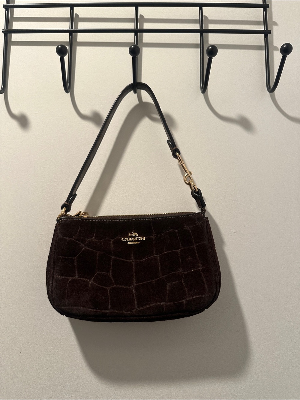 Coach Croc-Embossed Suede Mini Shoulder Bag in Dark Brown with Gold Hardware